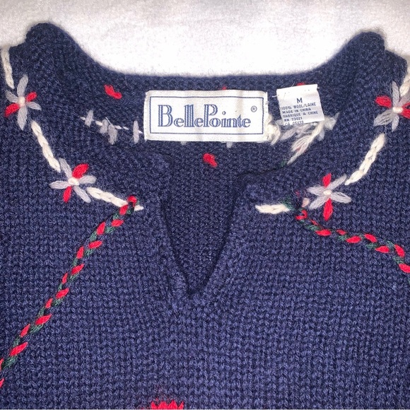 Belle Pointe Vintage Christmas Santa Sweater Sz M Navy Tassels Embroidery EUC - Picture 6 of 9